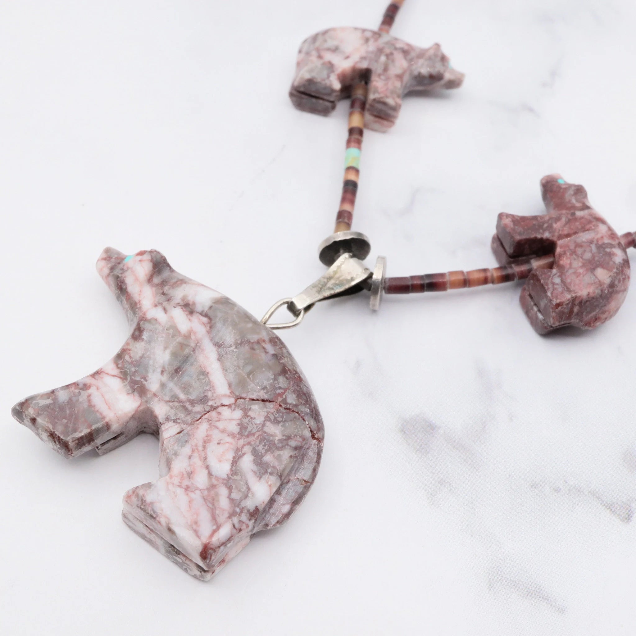 Native American carved rhodonite bear fetish necklace w/ heishi and turquoise beads, 32"
